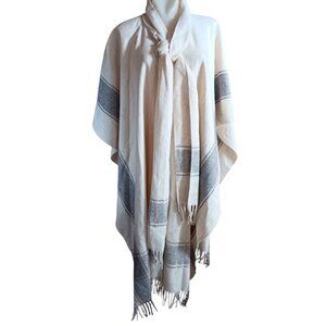 Vintage Women's Boho Poncho Beige & Gray Striped Wool Fringe Hem 1980's Necktie